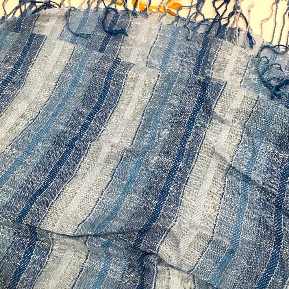 Blue striped scarf with metallic thread details, missing tag